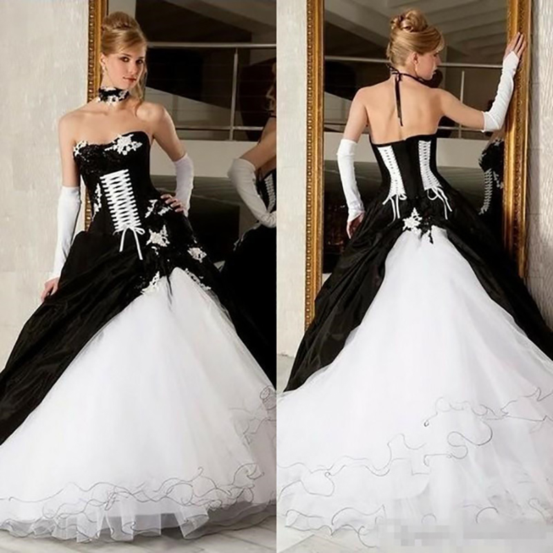 Bridal Sash Ribbon - カスタマイズされたヴィンテージ黒と白のウェディングドレスボールガウンホット販売レースアップコルセットビクトリア朝のゴシックパイピングブライダルドレス
