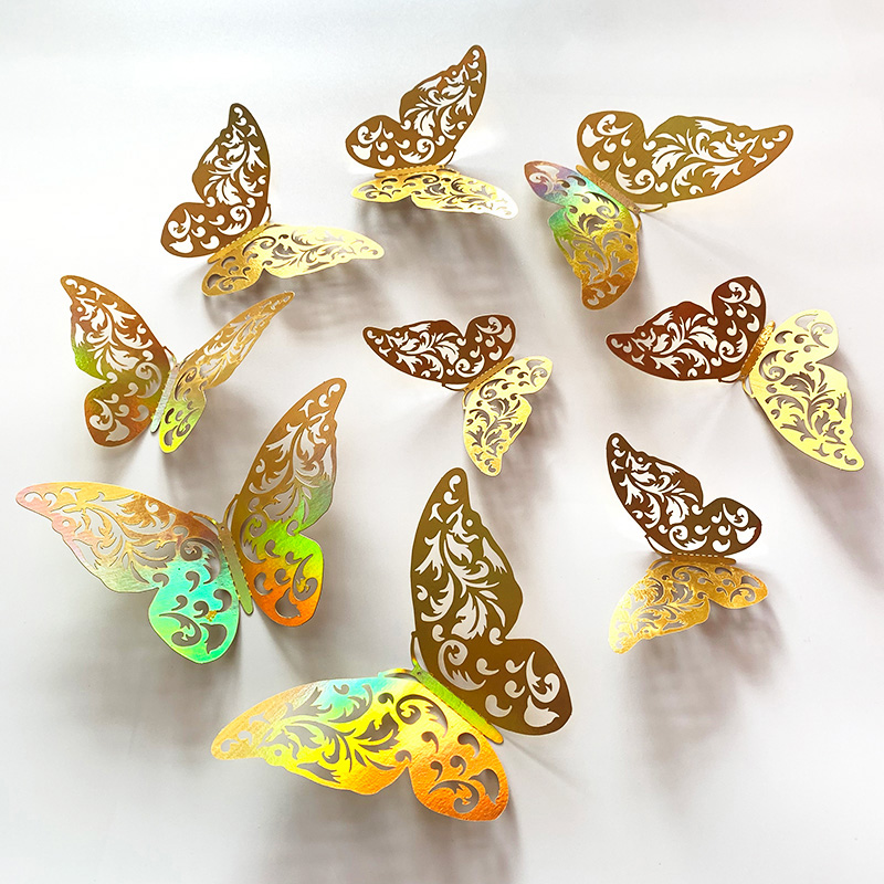 Wedding Package Gold - 12 個ゴールド 3D 中空蝶ウォールステッカー結婚式の装飾用デカールリビングルーム家の装飾蝶ガーデンステッカー