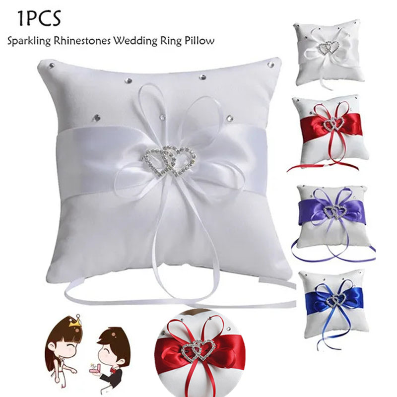 Ring Bearer Pillow - 1 個 10*10 センチメートルスパークリングラインストーン結婚指輪枕ウェディングブライダルちょう結びダブルハートリングベアラー枕
