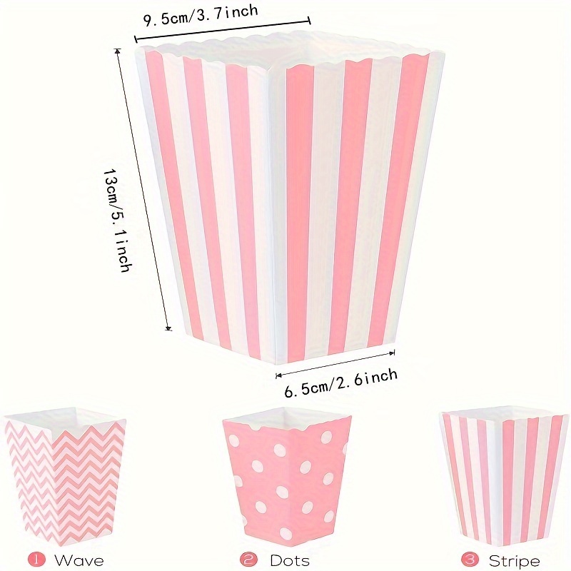 Wedding Favor Box - 12 個/パック、ピンクの紙ポップコーンボックス、ストライプ水玉キャンディボックスパーティーの記念品に最適ホームムービーシアターカーニバル