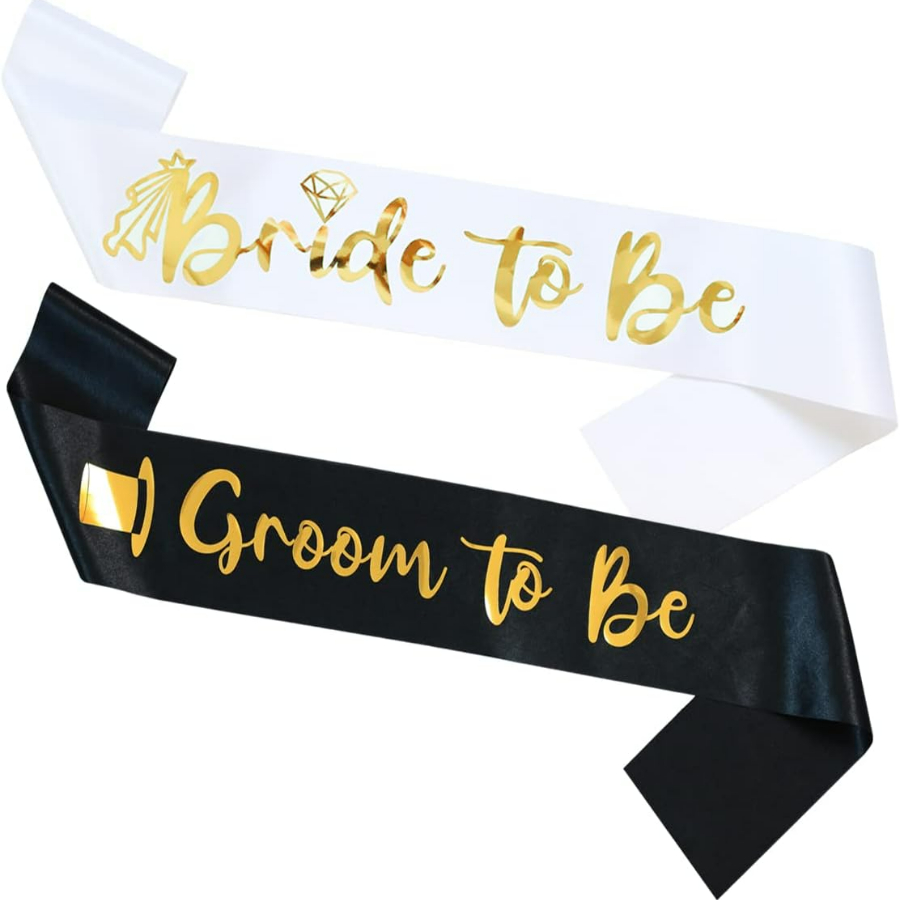 Bridal Sash Ribbon - 2個/1セット バチェロレッテパーティーサッシュリボンセット - 結婚式、ブライダルシャワーパーティーデコレーション用の新郎新婦サッシュ（白と黒）