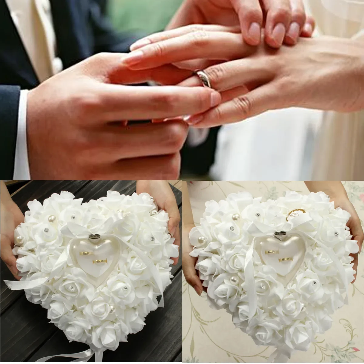 Ring Bearer Pillow - ホワイトリングベアラー枕クッションホルダーハート型バラの花リングボックスウェディングジュエリーケースロマンチックなバレンタインデーギフト