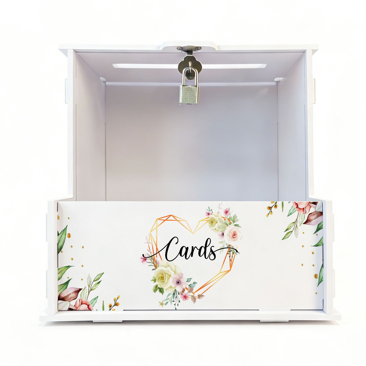 Wedding Favor Box - 白いPVC製のウェディングカードボックス、花柄の装飾付き、ロック付きのパーティーギフトカードボックスに最適、ウェディングデコレーション（カードは含まれていません）