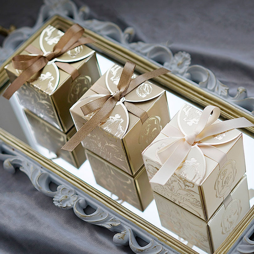 Wedding Favor Box - リボン付きスクエアペーパーギフトボックス,ウェディング用ボックス,ブライダル,ベビーシャワー,バースデーパーティー,プレミアムシルバーシャンパン