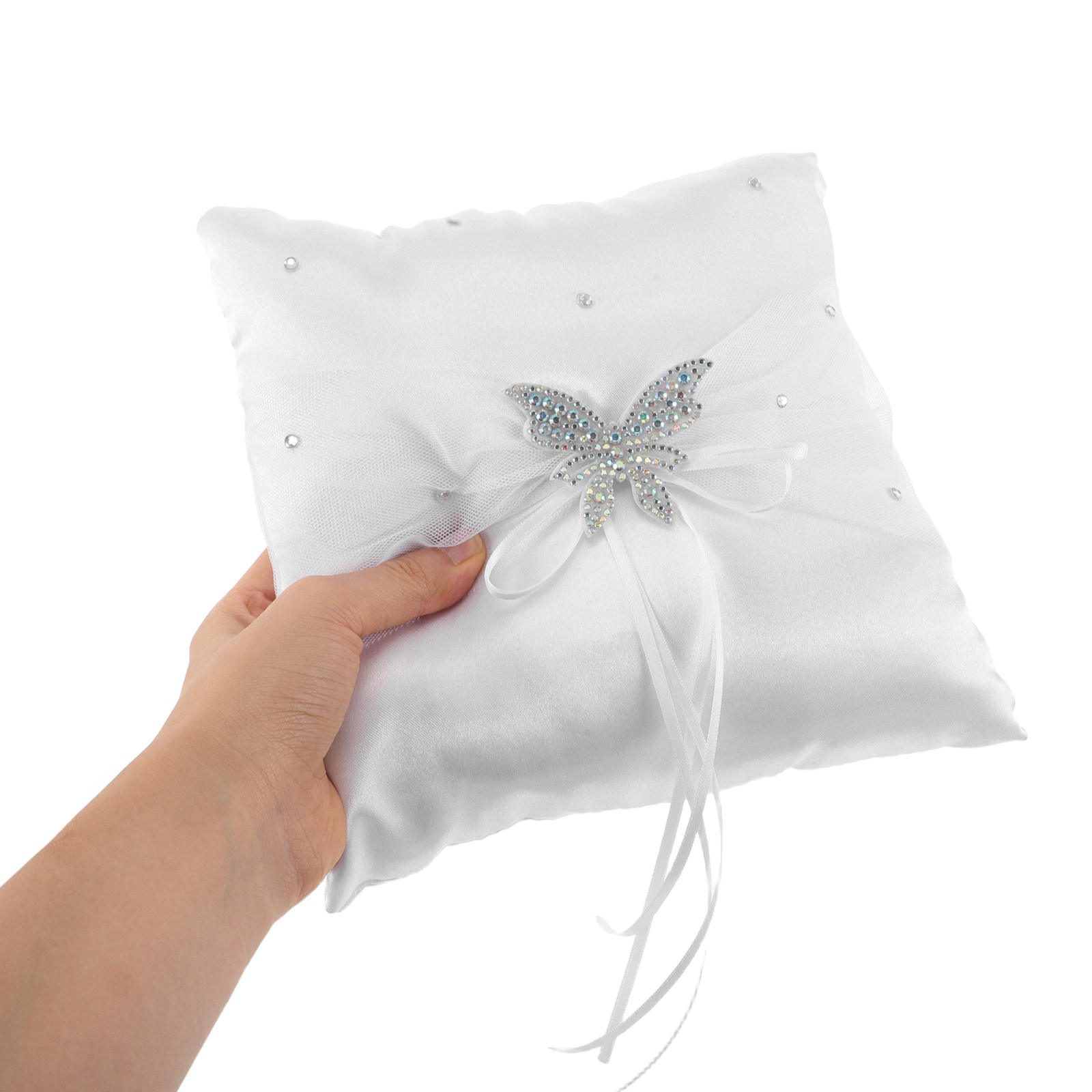 Ring Bearer Pillow - ウェディングリングピロー ホワイトサテン ラインストーンボウ レースディテール 小型 リングベアラーホルダー