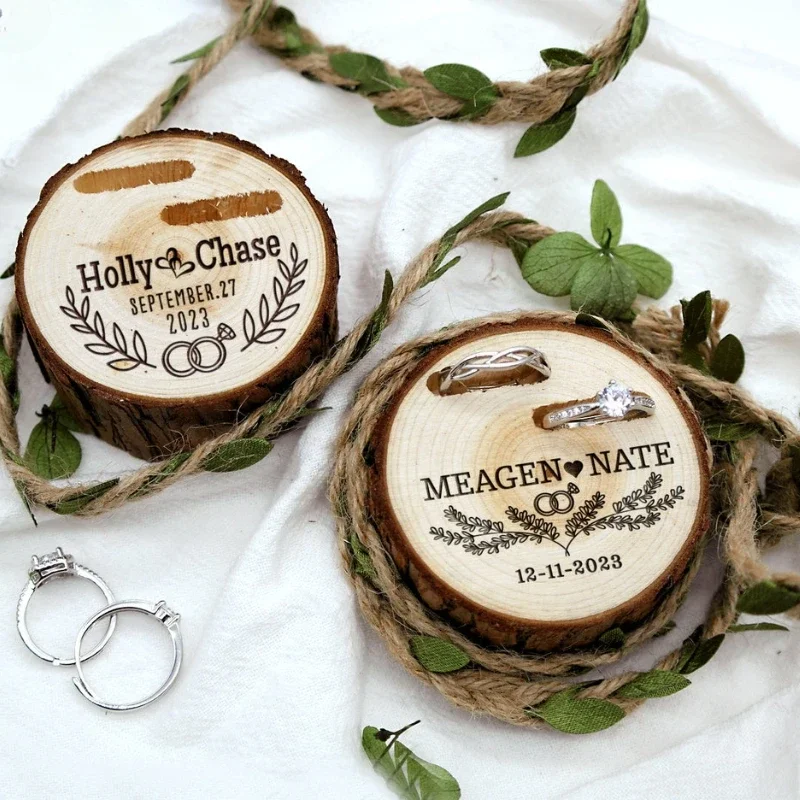 Ring Bearer Pillow - 1 個無料カスタムツリー木の切り株リングベアラーボックス結婚式パーソナライズされた木製ホルダープロポーズ花嫁新郎プロポーズリングボックスギフト