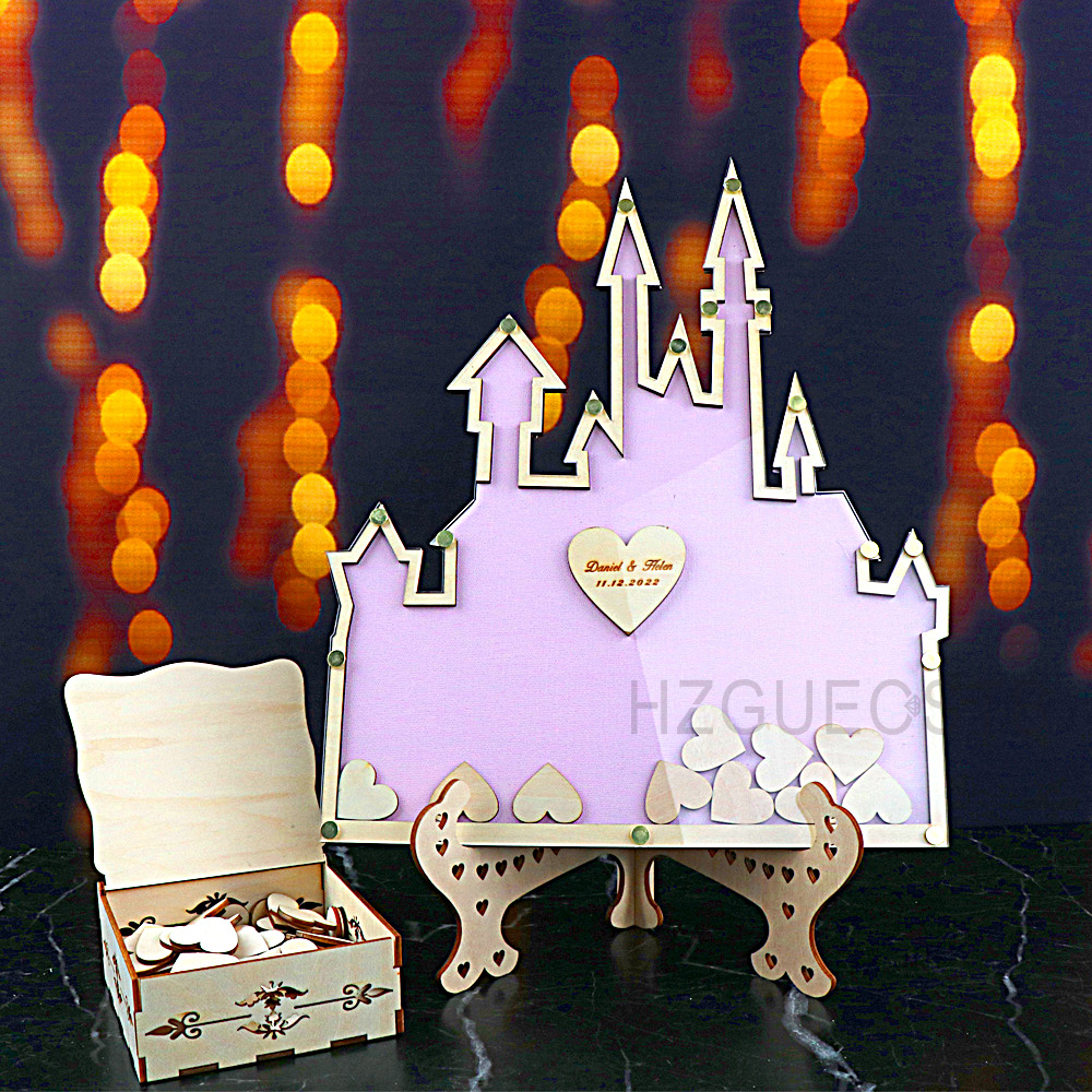 Wedding Favor Box - パーソナライズされた城ゲストブック結婚式のドロップボックスアクリル3D署名ハートゲストブック代替装飾