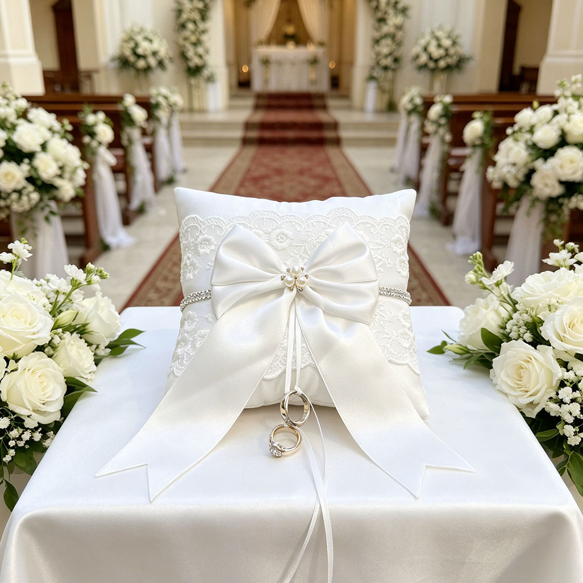 白いレースの結婚指輪枕、サテンの大きなリボンとラインストーン - Ring Bearer Pillow のレビューと価格