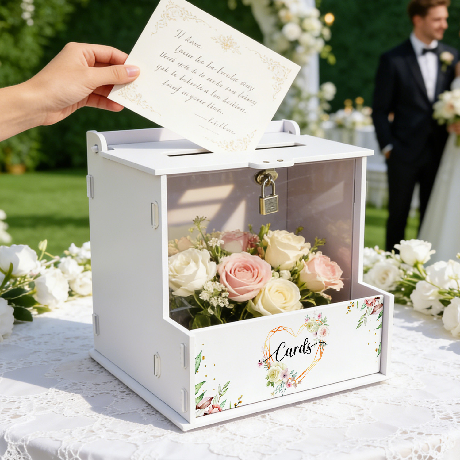 白いPVC製のウェディングカードボックス、花柄の装飾付き、ロ - Wedding Favor Box のレビューと価格