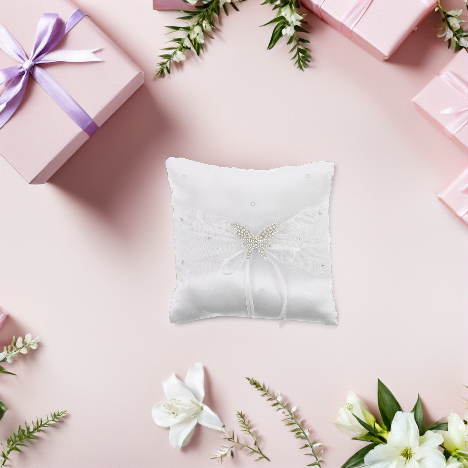 ウェディングリングピロー ホワイトサテン ラインストーンボウ - Ring Bearer Pillow のレビューと価格