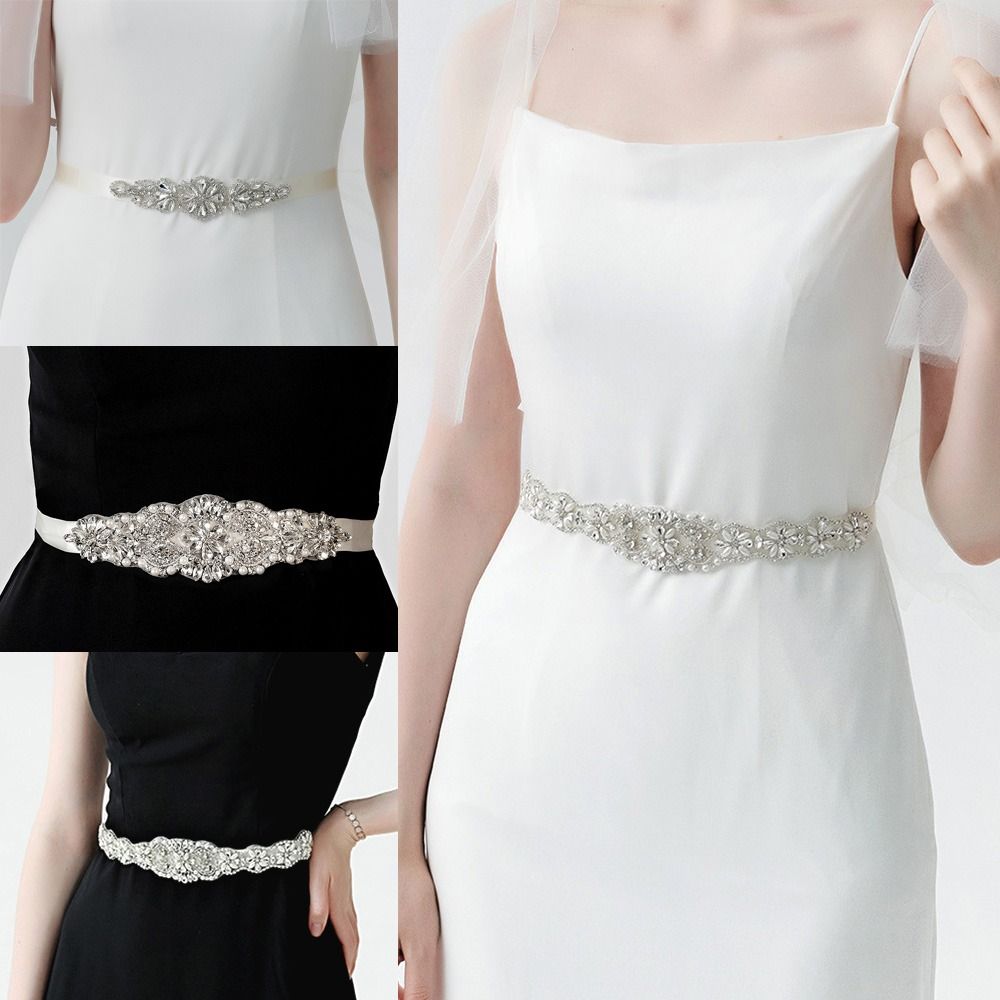 スイートシルバーウェディングラインストーンベルトサテンドレス - Bridal Sash Ribbon のレビューと価格