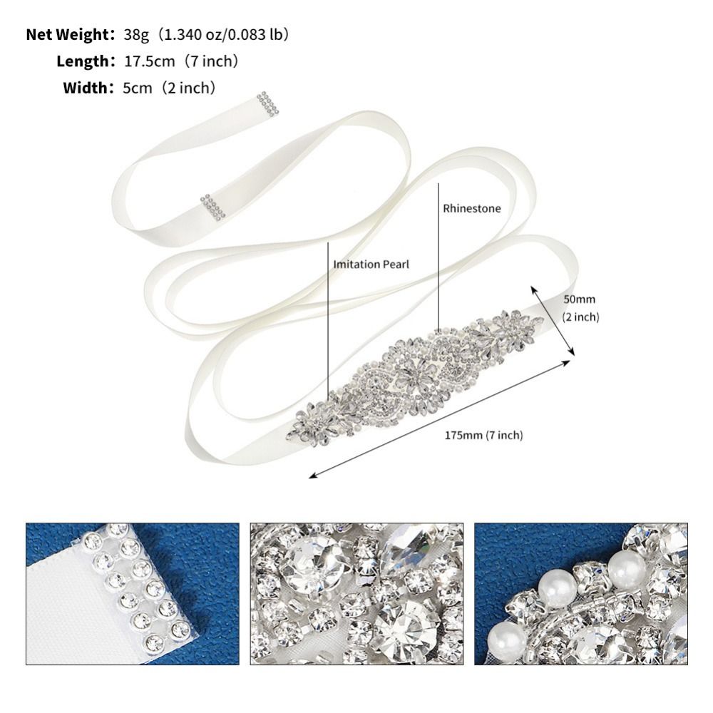 スイートシルバーウェディングラインストーンベルトサテンドレス - Bridal Sash Ribbon のレビューと価格