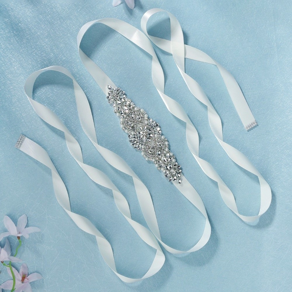 ファッションリボンブライダルベルトシルバー韓国スタイルウェデ - Bridal Sash Ribbon のレビューと価格