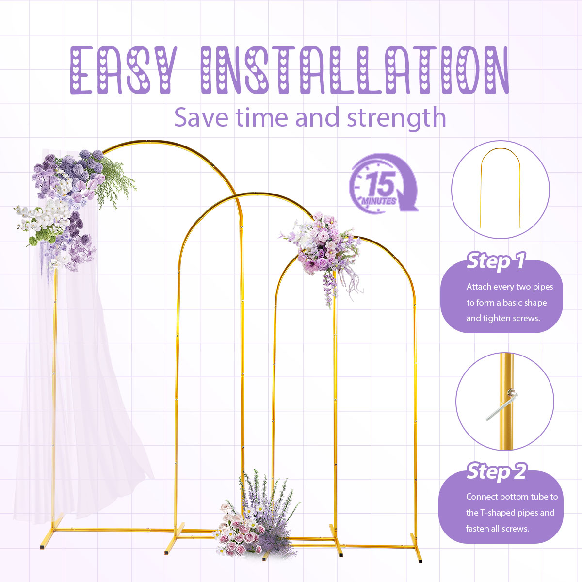 3パック ゴールデンメタルアーチキット、調節可能＆ポータブル - Wedding Balloon Arch のレビューと価格